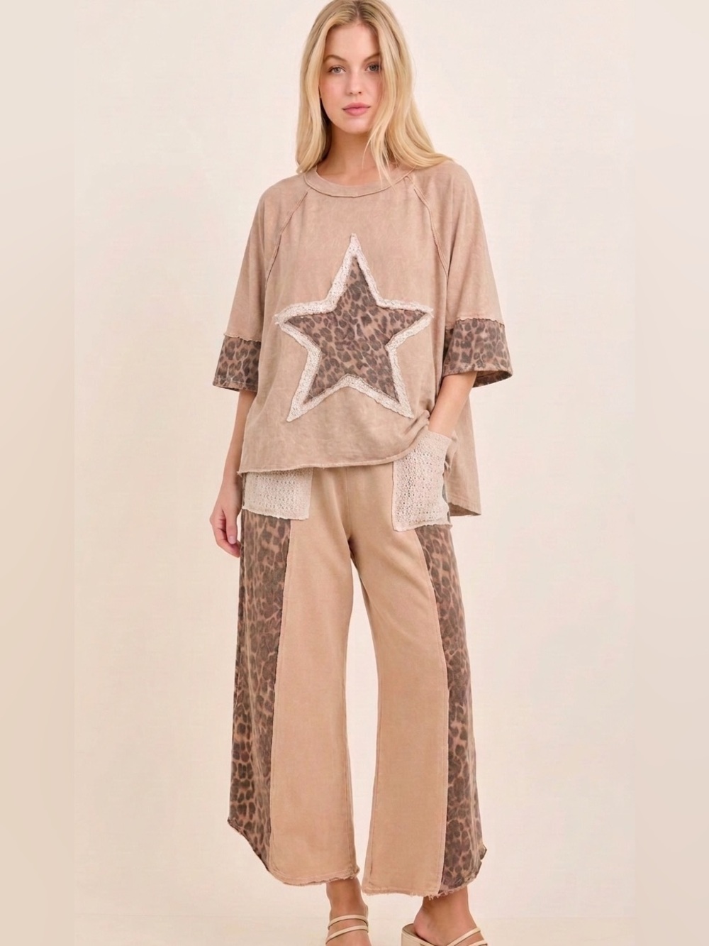 "The Latte" Tan PANTS Mineral Washed Leopard Lace Pockets Cropped Pants